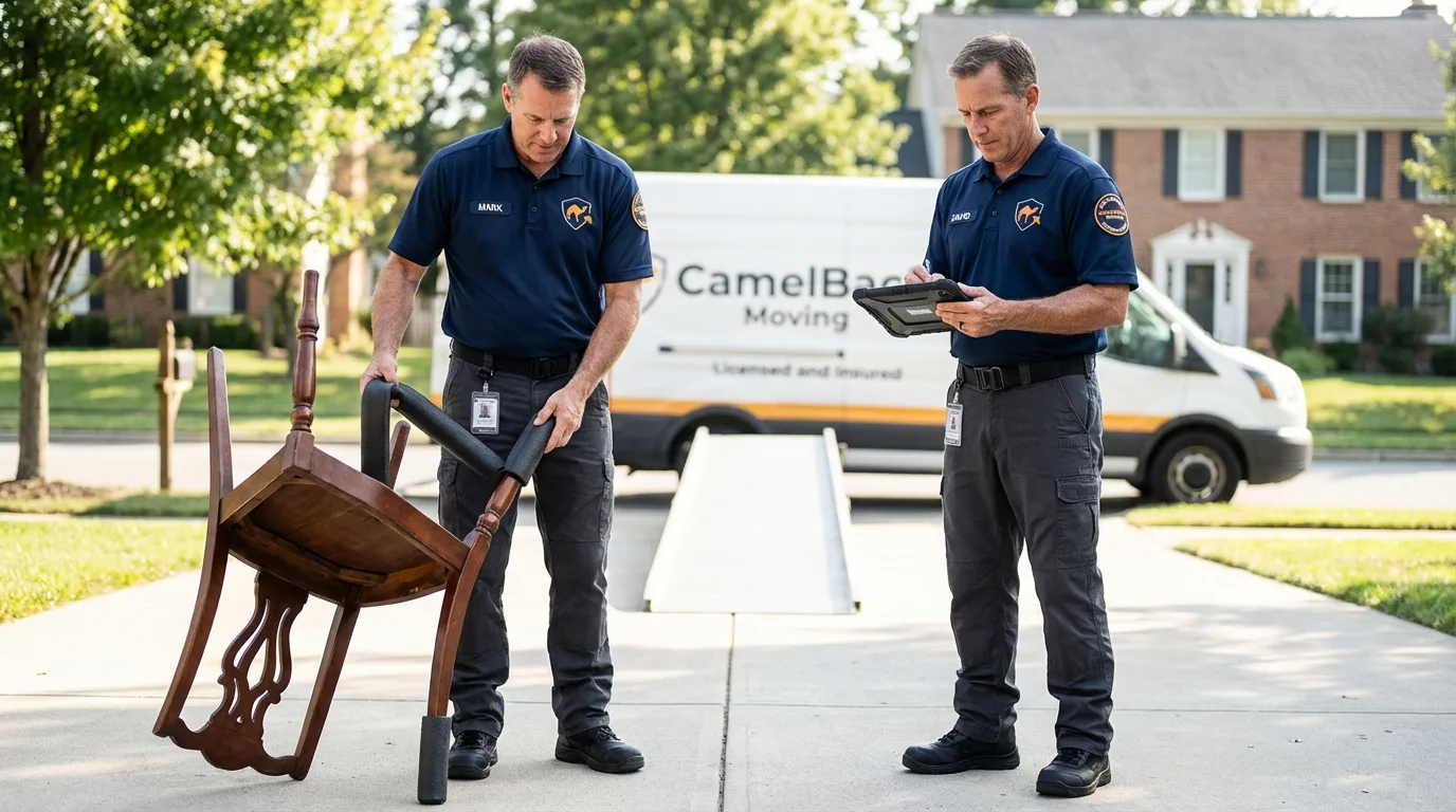 Movers inspecting furniture for damage prevention before loading in Solomon, KS
