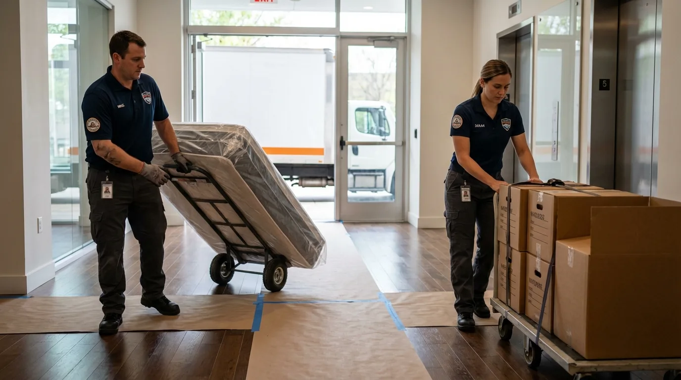Professional apartment movers loading elevator in Solomon, KS