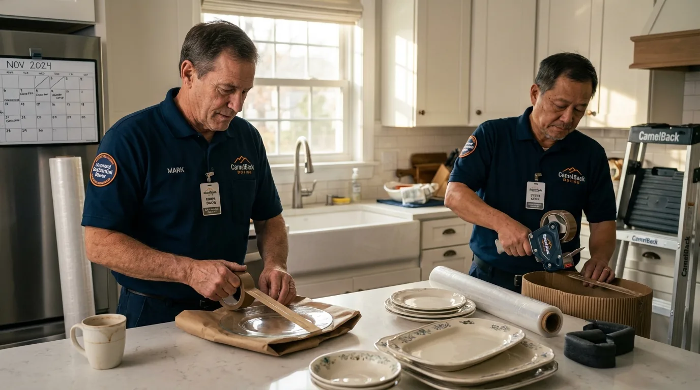 Professional crew packing kitchen dishware in Solomon, KS